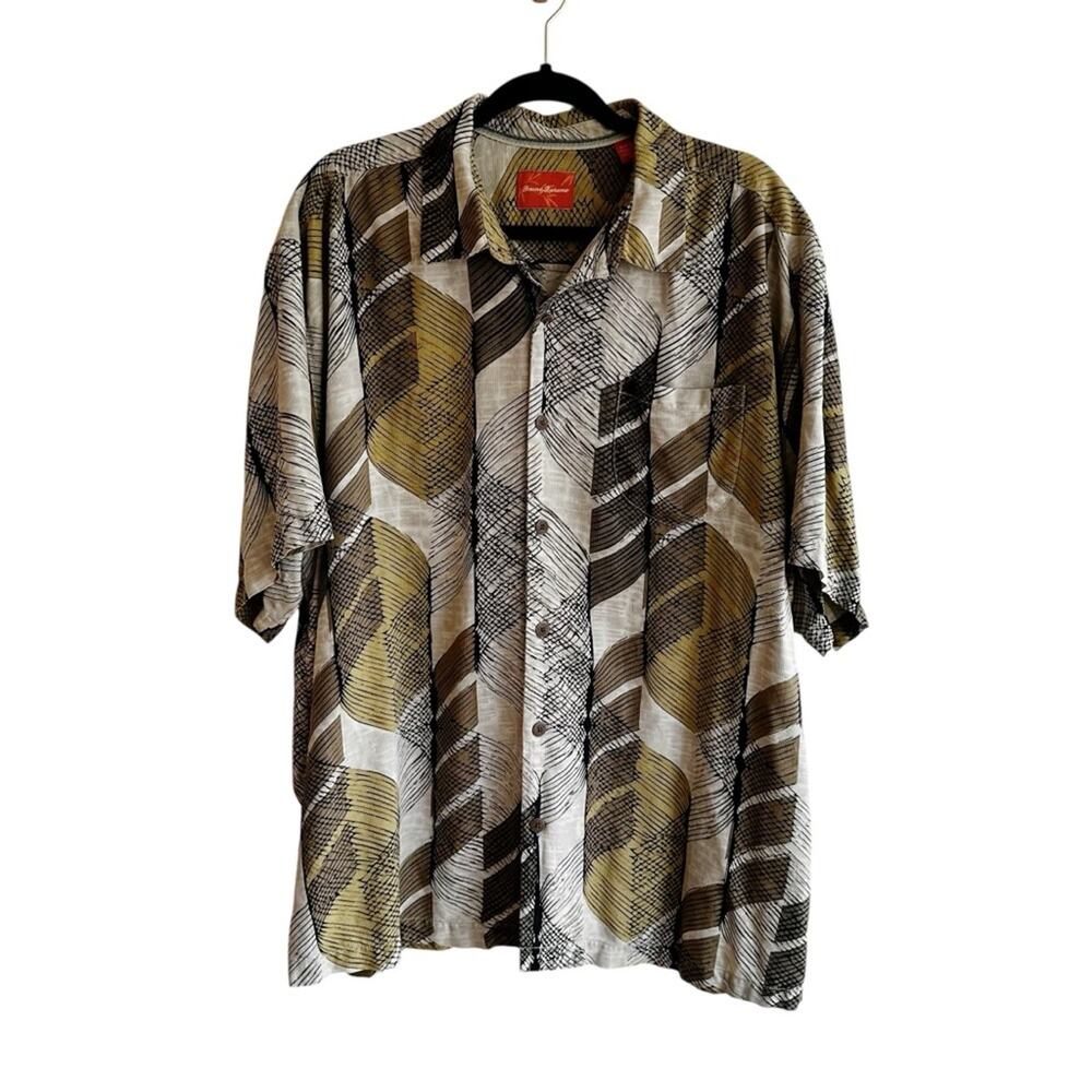 Tommy Bahama Short Sleeve 100% Silk Camp Shirt Tans Green Brown XL